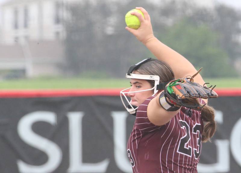 Prairie Ridge's Reese Mosolino lets go of a pitch during the Class 3A State third place game against Burbank St. Laurence on Saturday, June 14, 2025 at the Louisville Slugger Sports Complex in Peoria.