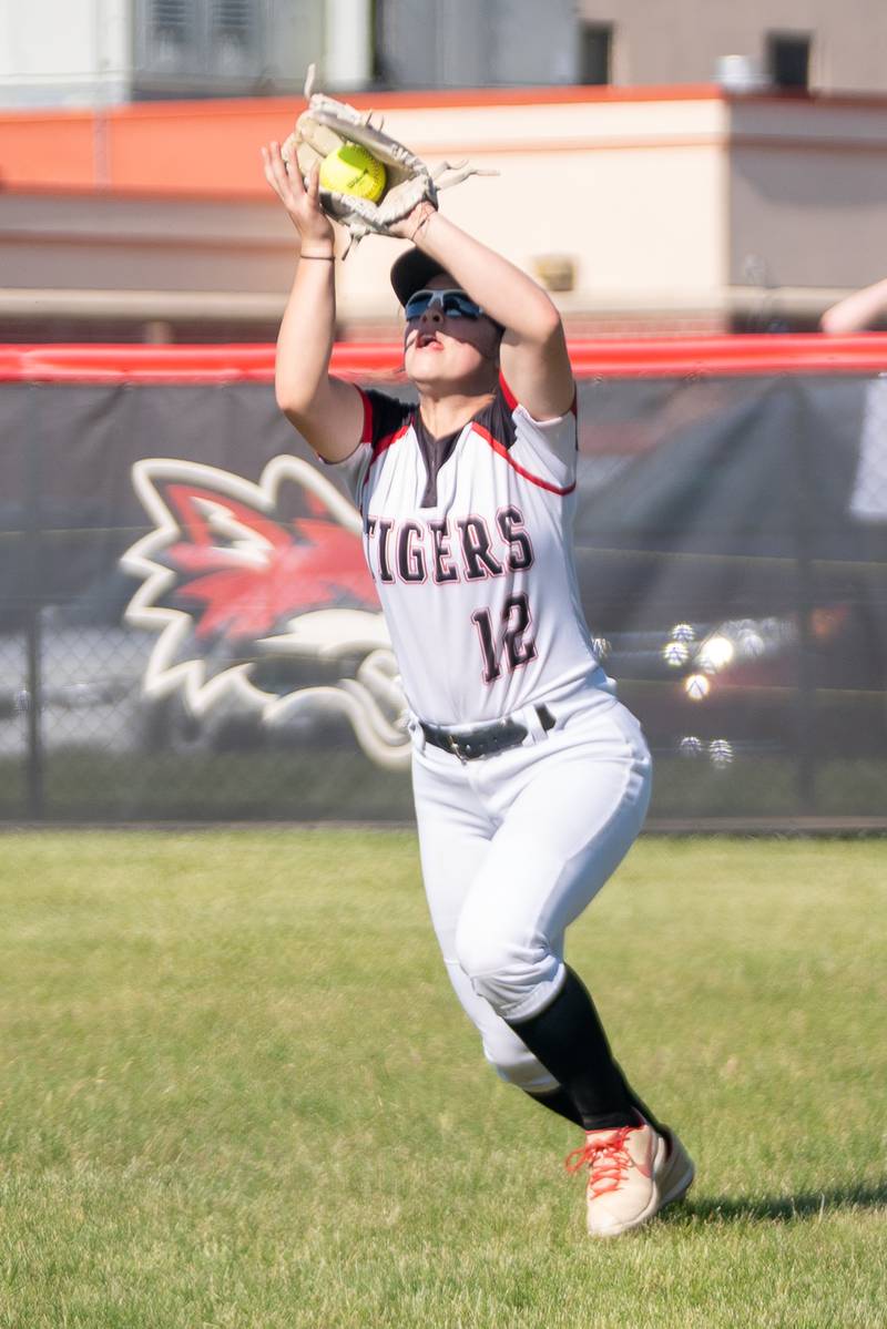Plainfield North's Grace Curcio (12) catches a fly-ball for an out against Yorkville during the Class 4A Yorkville Regional softball final at Yorkville High School on Friday, May 26, 2023.