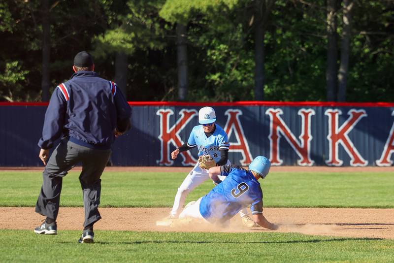 Kankakee's Elijah Santoyo looks to tag Clifton Central's Graysen Boudreau on a steal during Central's 8-4 victory over Kankakee on Monday, May 11, 2026.
