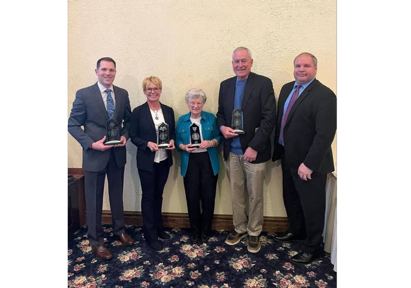 On Feb. 10, Joliet Catholic Academy inducted five alumni into its 2023 Hall of Champions: Business & Industry at the Jacob Henry Mansion in Joliet. Pictured, from left, are Scott Czerkies '94, Dr. Anita (Kraus '83) Lane,  Sister Albert Marie Papesh ‘53 (accepting on behalf of Phyllis Olsta '51, Hon. Richard C. Schoenstedt '74, JCA President/Principal Jeffrey Budz.