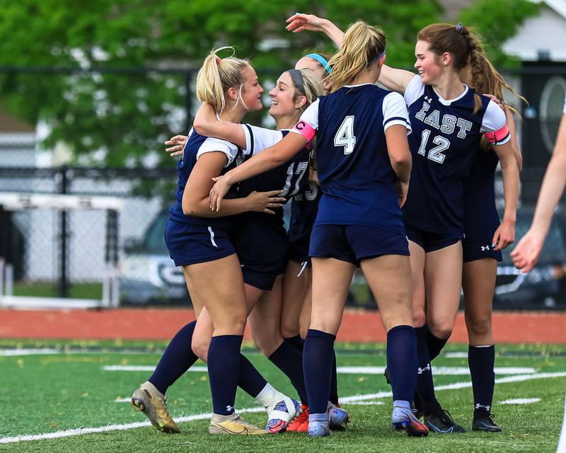 Oswego East celebrates a goal by Hannah Chval (8) during the Class 3A East Aurora Regional final between Oswego East vs. Oswego. May 20, 2022