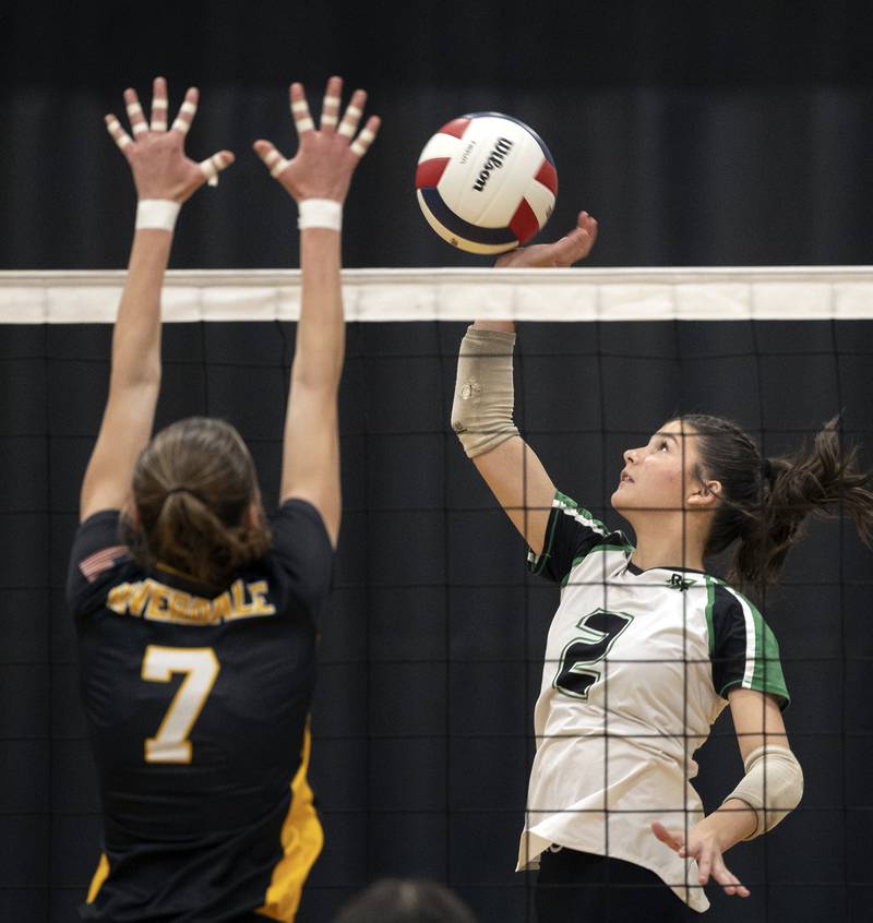 Rock Falls' Kaltrina Lecaj plays the ball against Riverdale Tuesday, Oct. 28, 2025, in the Class 2A regional semifinal at Rock Falls.