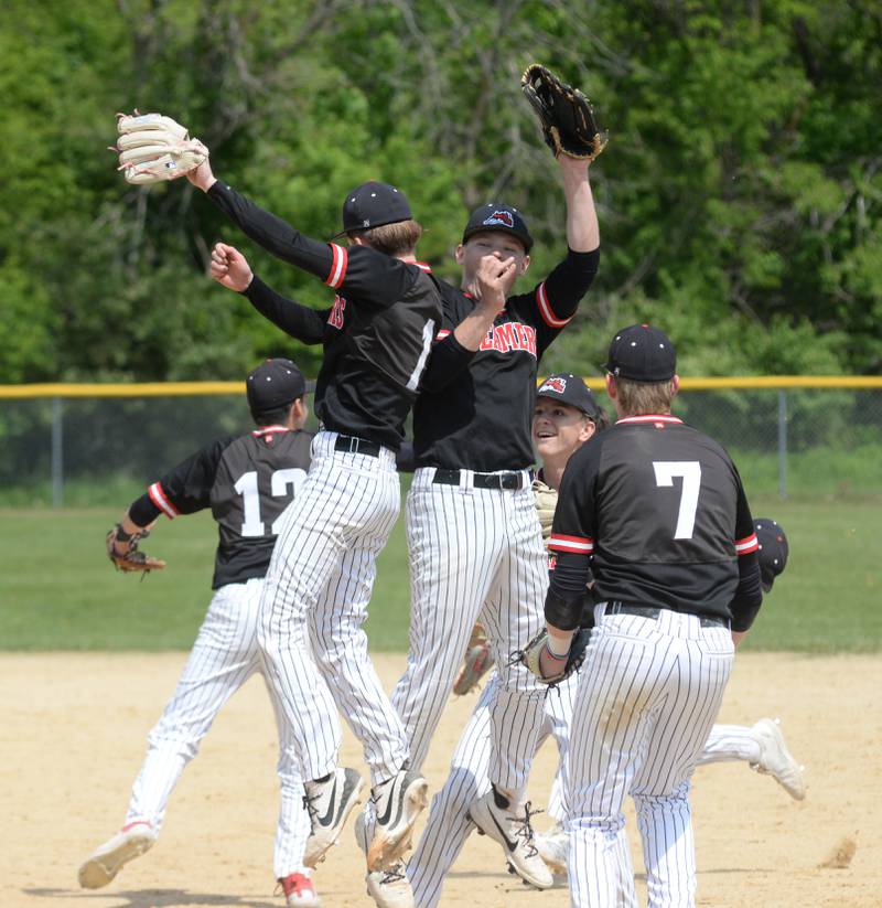 The Fulton Steamers celebrate after the final out beating Forreston 7-4 to win the 1A Amboy Regional on Saturday, May 24, 2025.