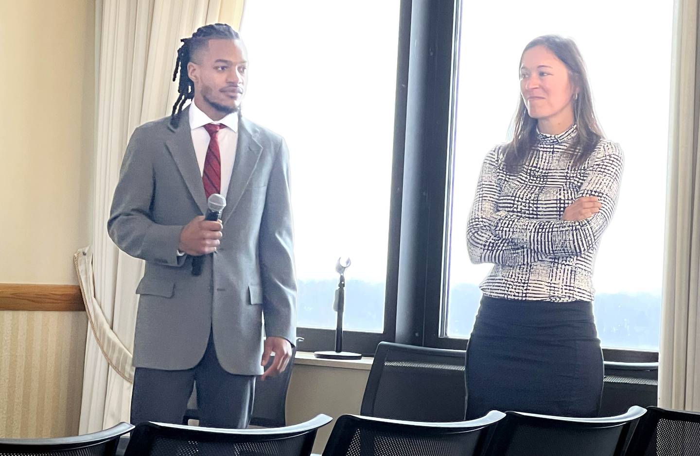 Jenn Jacobs, an associate professor of sport and exercise psychology at NIU, and Project Flex cofounder ran a panel discussion in the Sky Room of NIU's Holmes Student Center on Feb. 16, 2023. Izaiah Webb, a NIU graduate student and research assistant helped lead the 90 minute event titled, “Beyond the Ball: Reimagining the Role of Sport in Juvenile Justice”