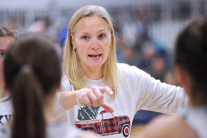Parkview Christian head coach Kayla Linden talks to her players during a time out against Westlake Christian at a girls' basketball game at Parkview Christian Academy on Tuesday, Dec. 20, 2022.