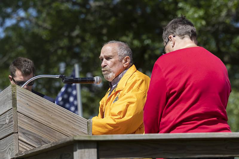 St. Patrick’s deacon Terry Wagner holds the opening prayer Monday, May 27, 2024 at Oakwood in Dixon.