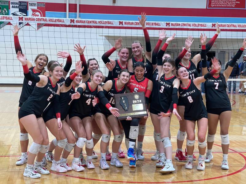 Timothy Christian celebrates its sectional championship win against IC Catholic on Thursday, November 7, 2024.
