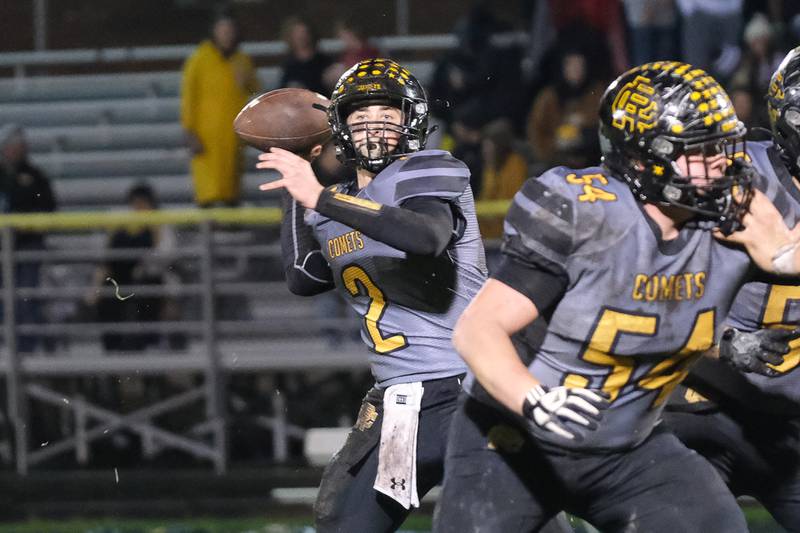 Reed-Custer's Jake McPherson passes against Peotone in the first round of the Class 3A playoffs at Reed-Custer High School on Friday, Oct. 29, 2021 in Braidwood.