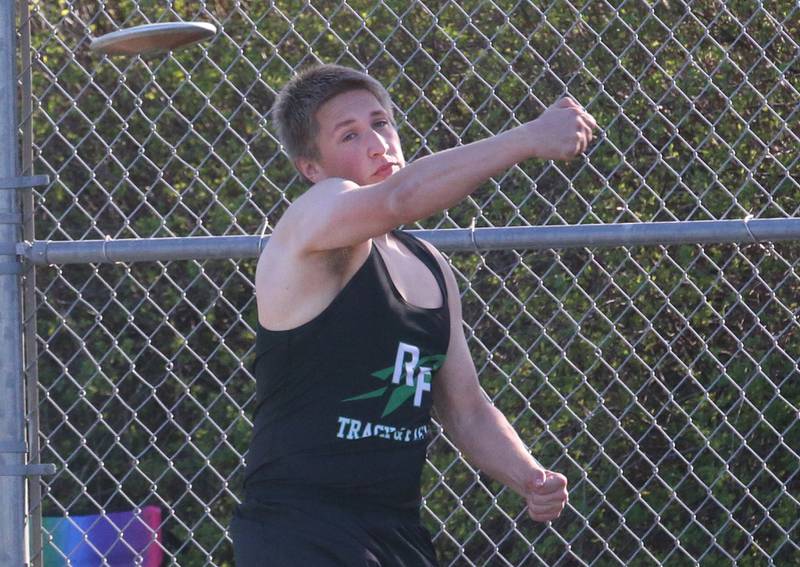 Rock Falls's Broxyn Surratt throws discus during the Ferris Invitational on Monday, April 15, 2024 at Princeton High School.