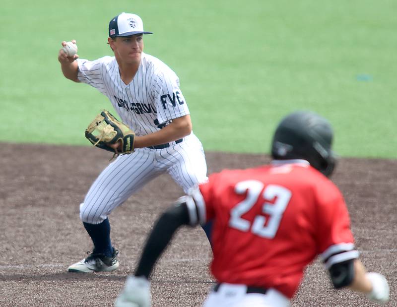 Cary-Grove’s Oskar Freund, left, prepares to toss out Triad’s Gabe Deaver in IHSA Class 3A Third Place Game baseball action at Slammer Stadium in Joliet on Saturday, June 14, 2025.