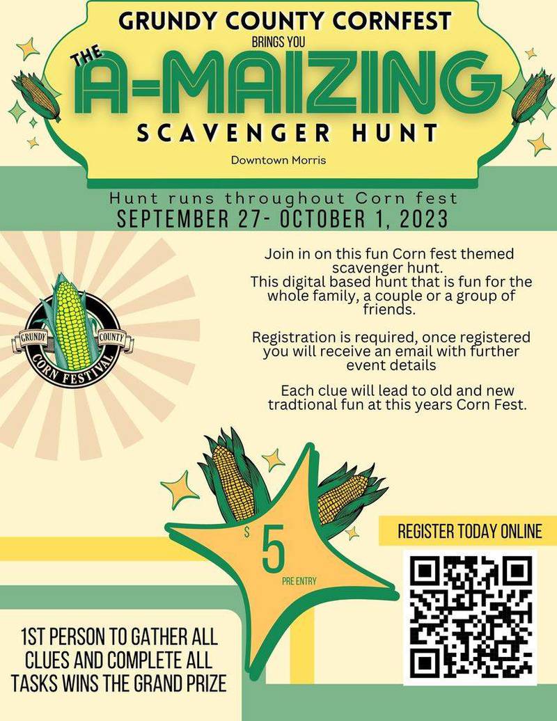 The flyer for the A-Maizing Scavenger Hunt. Follow the QR code to register.