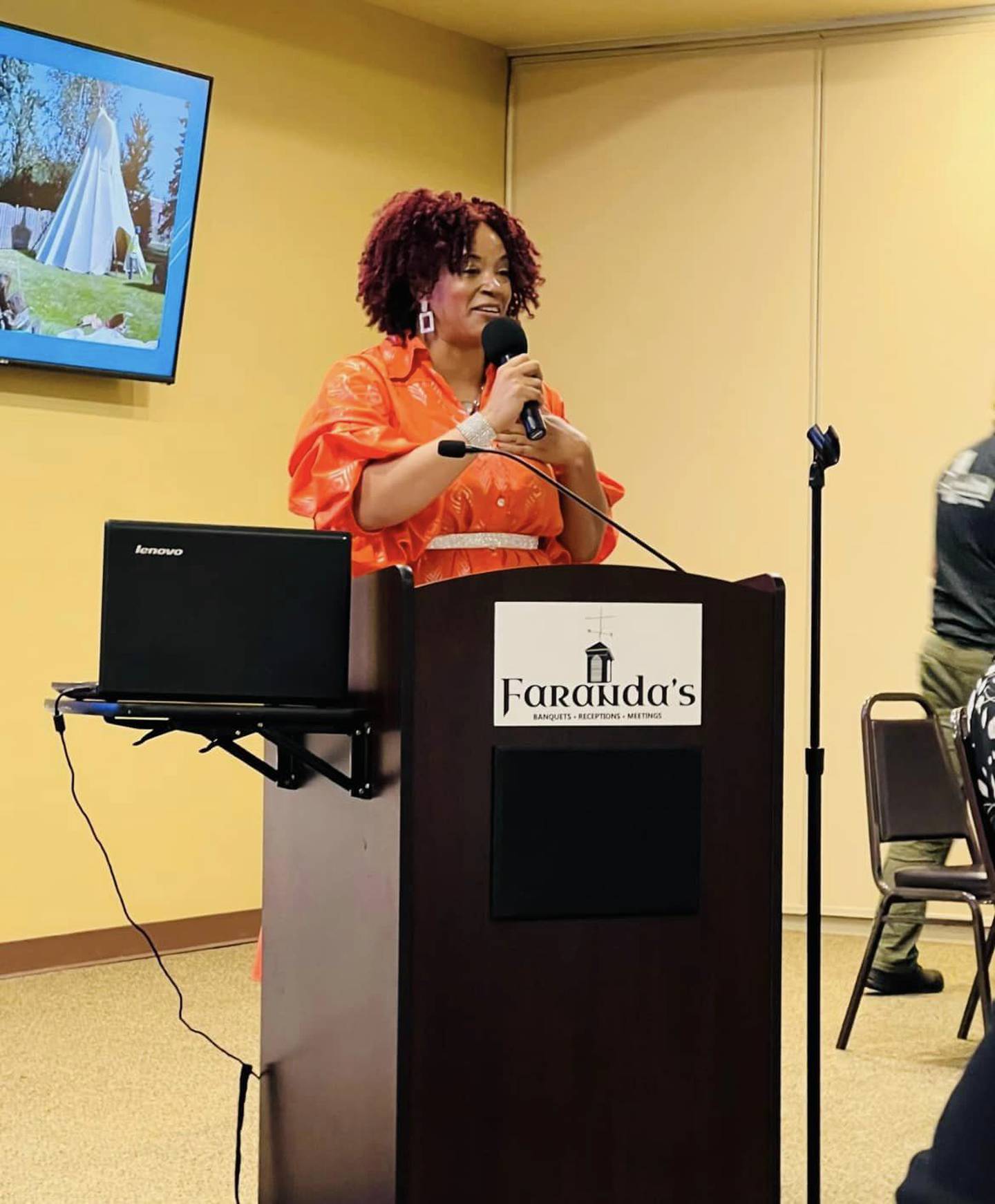 Kishwaukee United Way Executive Director Michele Vaughn, Ed.D., speaks during the group's first Sponsorship Empowerment Luncheon on Sept. 12, 2023, at the Lincoln Inn – Farandas in Dekalb.