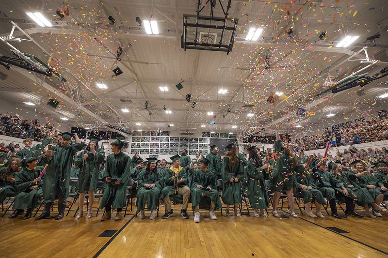 Confetti cannons go off as the Rock Falls High School Class of 2025 is announced Sunday, May 18, 2025, during commencement.