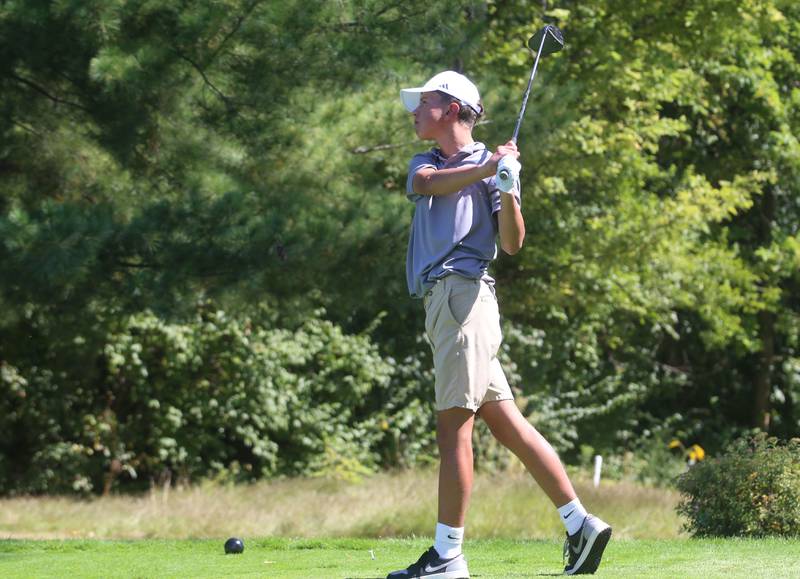 St. Viator's Matthew Wallace tees off during the Pirate Invitational on Monday, Sept. 15, 2025 at Deer Park Golf Club in Oglesby.
