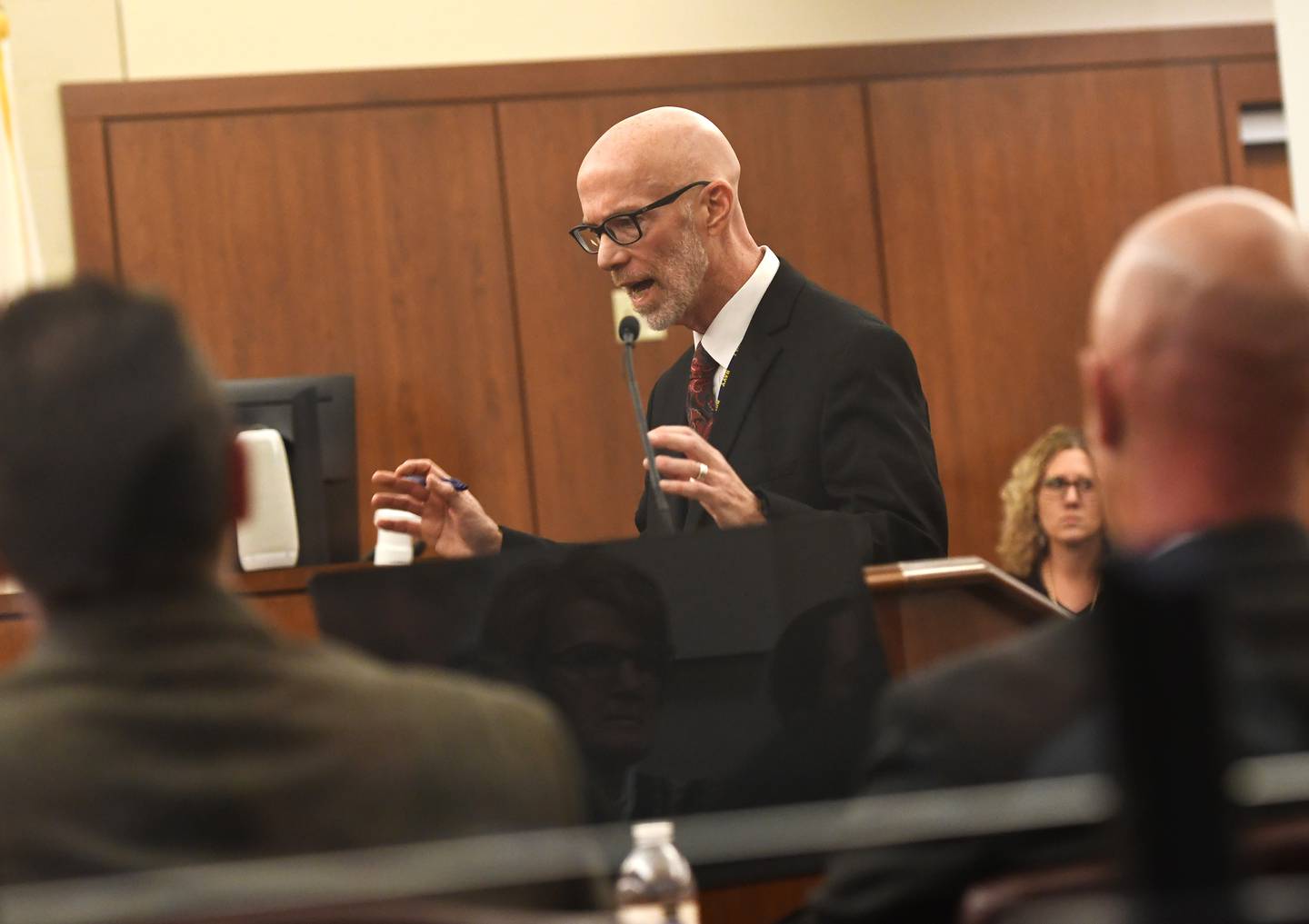 Ogle County State's Attorney Mike Rock  gave the state's final closing argument to jurors during the muder-arson trial of Duane "DC" Meyer on Monday, Jan. 26, 2026 at the Ogle County Judicial Center in Oregon. Pictured on the left is Meyer and on the right Patrick Moore, one of his attorneys.