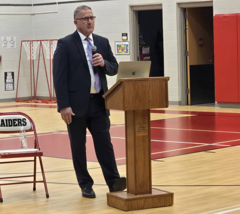 Peru Elementary Superintendent Jamie Craven talks on Wednesday, March 19, 2025, about the options for funding an expansion at Northview Elementary School.