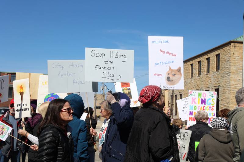 Protesters participate in the No Kings rally at the Kankakee County Courthouse on March 28, 2026.