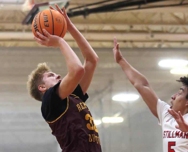 Richmond-Burton’s Luke Robinson shoots against Stillman Valley during 74th Annual E.C. Nichols Holiday Classic varsity boys basketball tournament action on Saturday, Dec. 28, 2024 at Marengo High School in Marengo.