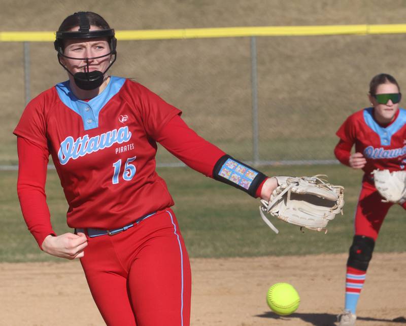 Ottawa pitcher Addie Russell lets go of a throw to Princeton on Friday, March 13, 2026 at Ottawa High School.