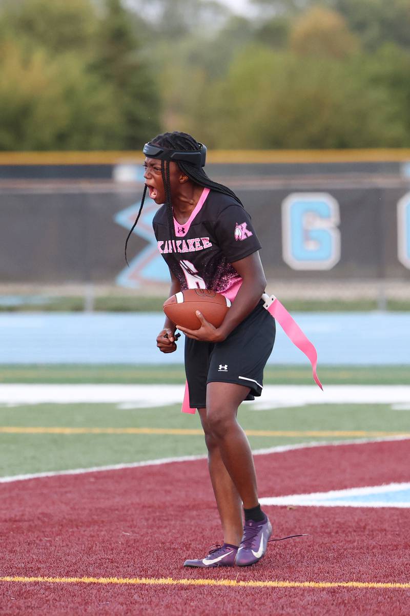 Kankakee's Taniyah Sherman celebrates a touchdown during the Kays' 40-26 victory over Plainfield South on Monday, Oct. 6, 2025.
