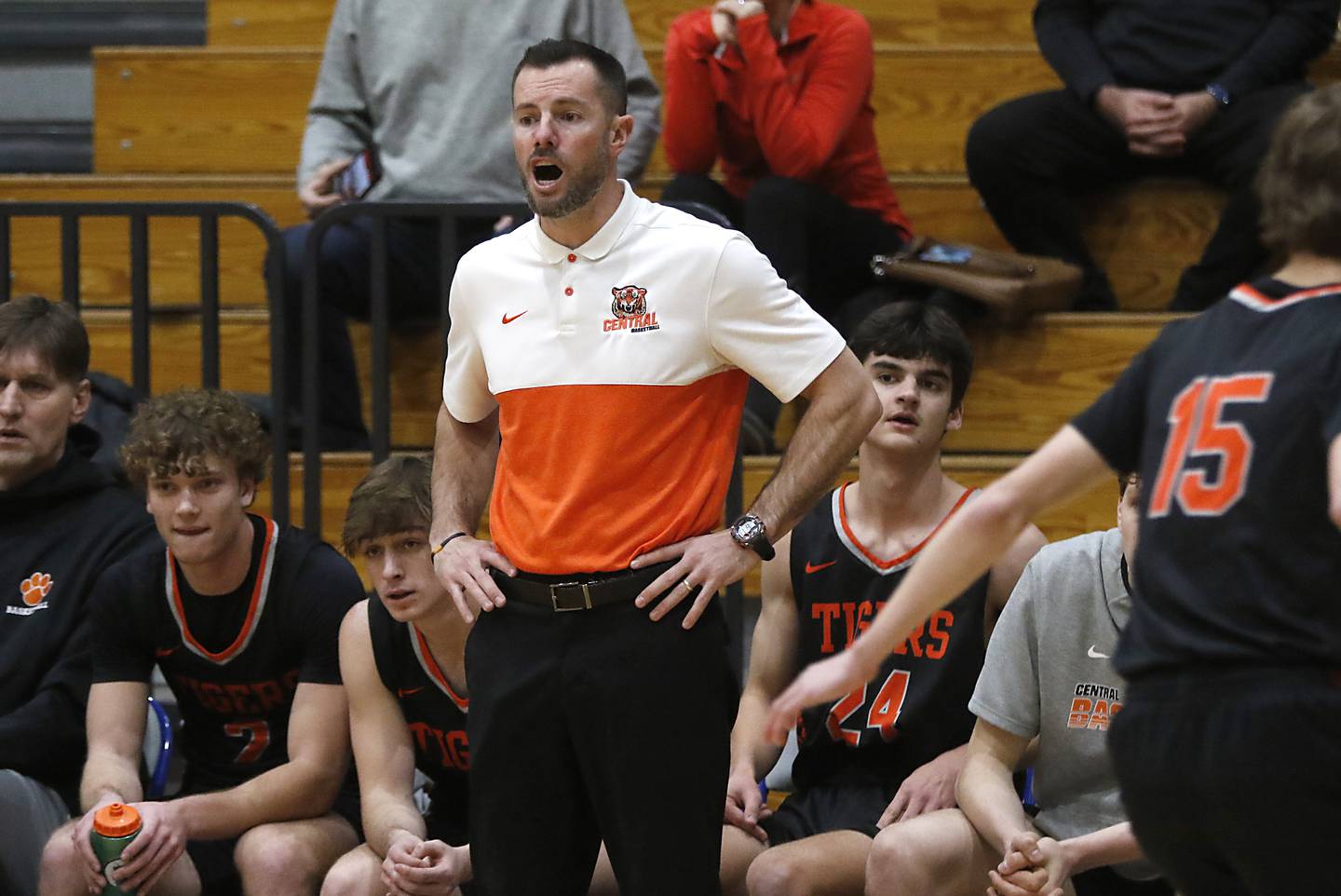 Crystal Lake Central Head Coach Joe Capalbo communicates with his players during a IHSA Class 3A boys basketball regional boys basketball game against Boylan Thursday, Feb. 23, 2023, at Woodstock High School.