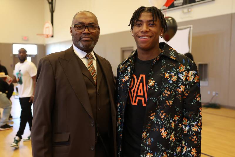 District 5 Councilman Terry Morris (left) poses with Jeremy Fears Jr. at the Salvation Army Community Center. Friends and family host a reception for Joliet West’s basketball player Jeremy Fears Jr. before he heads to Houston to play in the All-McDonalds game.