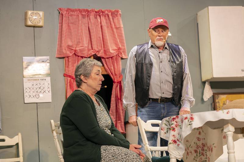 Mary Cheatwood as Lenny Magrath and Peter Raum as Doc Porter rehearse a scene Tuesday, April 29, 2025, for PAG’s weekend performance of “Crimes of the Heart.”