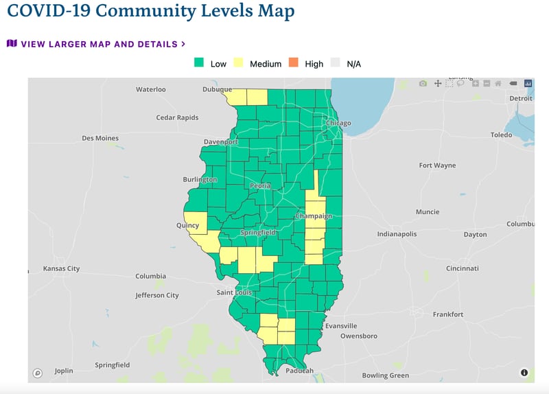 The latest COVID-19 community transmission levels as of Friday, October 14, from the Illinois Department of Public Health
