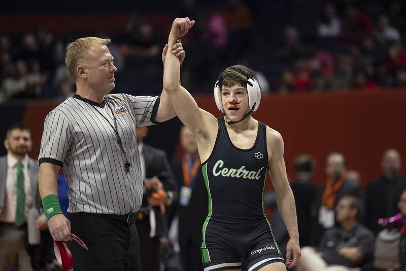Grayslake Central’s Vince DeMarco wins the 2A 113 pound title Saturday, Feb. 21, 2026, at the IHSA wrestling finals in Champaign.