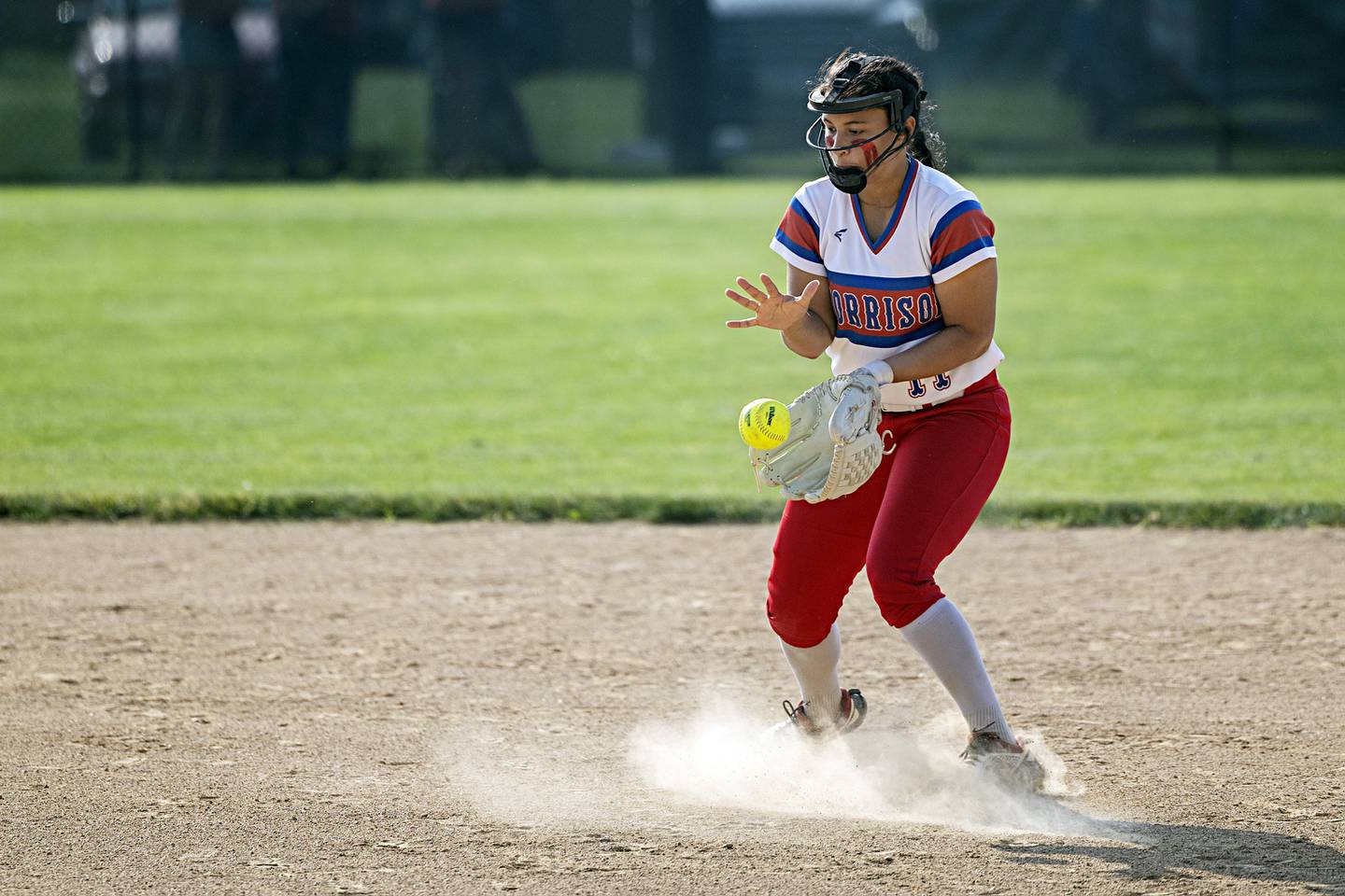 Morrison’s Kiyah Wolber fields a ball at second base against West Central on Wednesday, May 24, 2023 during their Class 1A sectional semifinal at St. Bede Academy.
