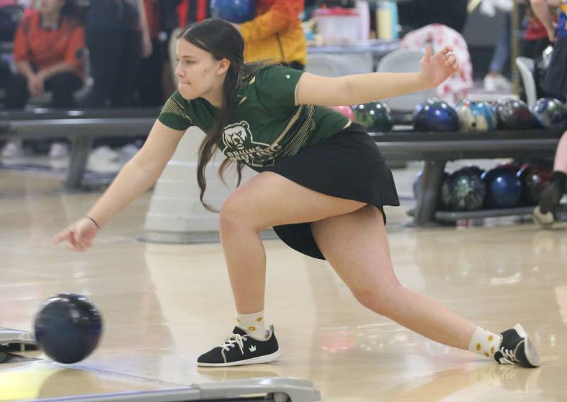 St. Bede's Jaylynne Finley bowls during the IHSA girls bowling Regional meet on Friday, Feb. 6, 2026 at the Illinois Valley Super Bowl in Peru.