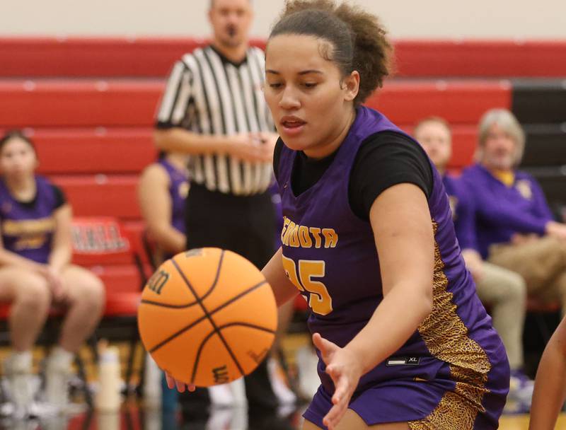 Mendota's Kiah Davidson misses a rebound against Hall on Monday, Dec. 1, 2025 at Hall High School.