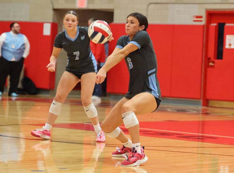 Willowbrook’s Hannah Kenny (6) receives the ball against Oak Park-River Forest during the 4A girls varsity volleyball sectional final match at Hinsdale Central high school on Wednesday, Nov. 1, 2023 in Hinsdale, IL.