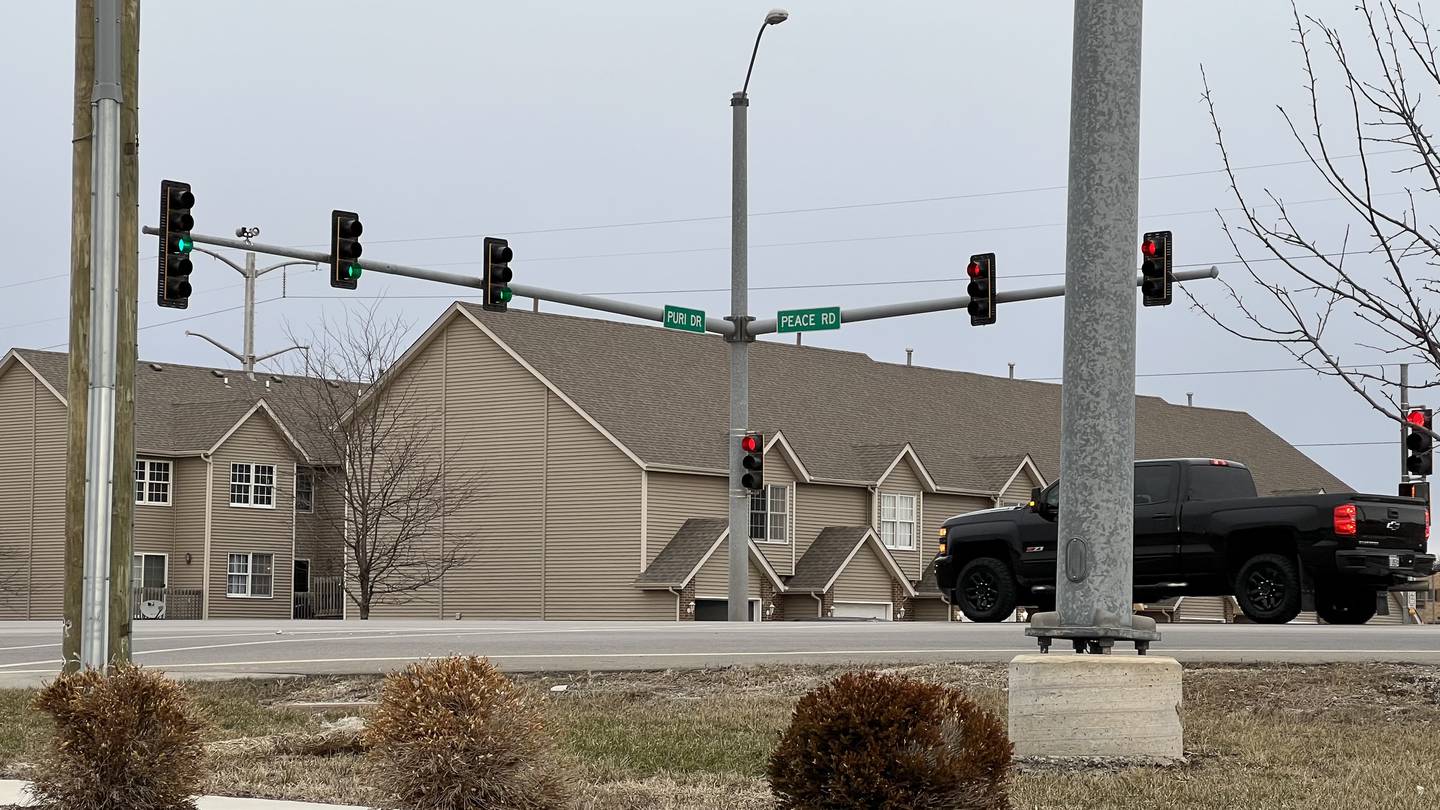 The corner of Peace Road and Puri Drive, where Sycamore officials had hoped to be able to install license plate readers to DeKalb County owned utility poles. Picture taken Feb. 21, 2023.