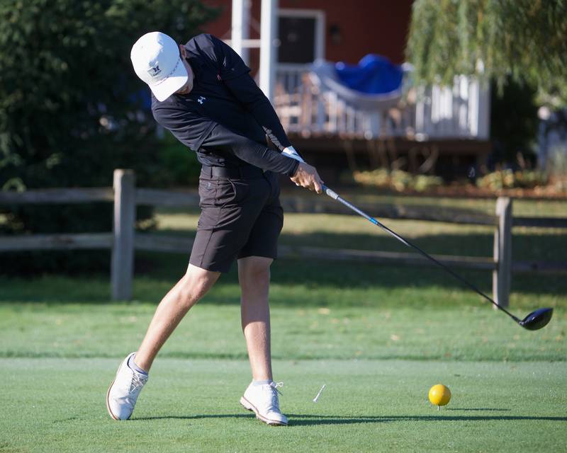 Crystal Lake Central's Jake Bice tees off at the Cary-Grove Boy's Golf Invite at Foxford Hills Golf Club on Saturday, Sept. 9, 2023, in Cary.