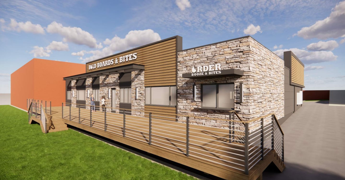 Artist's rendering of the proposed Bold Boards and Bites, a board game themed restaurant that would renovate and occupy the building at 21 N River St. in Batavia.