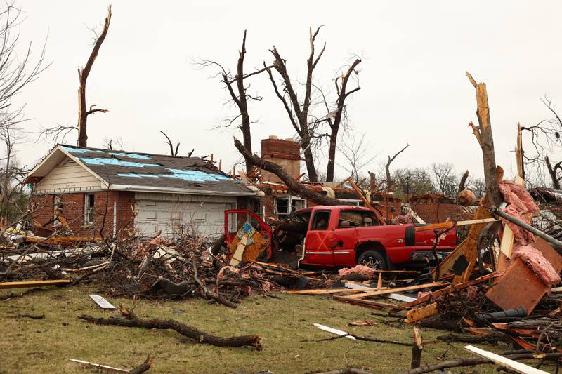 Damage is seen along Elmwood Drive in Aroma Park  on March 11, 2026 following a March 10 tornado that passed through Kankakee County.