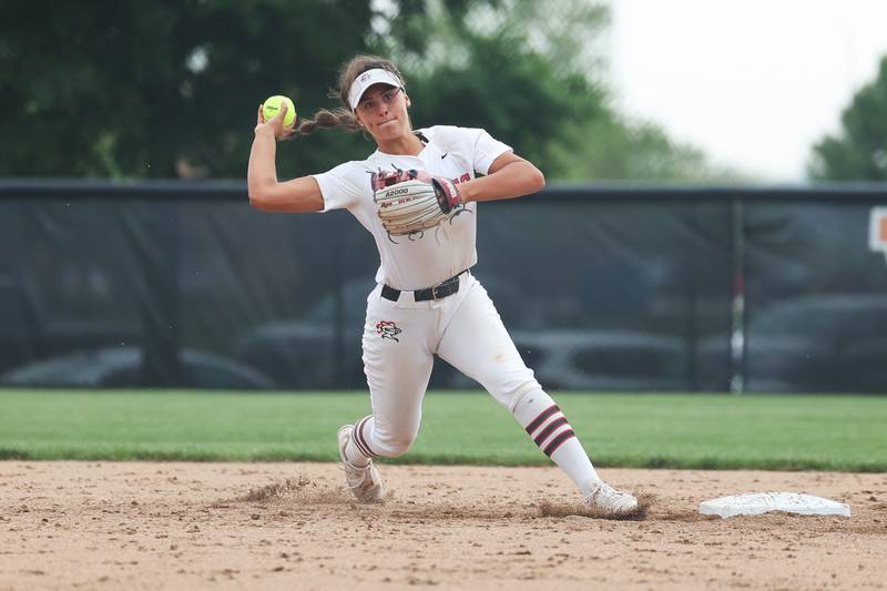 Lincoln-Way Central’s Alexis Youngren throws to first for the out against Lincoln-Way West on Tuesday, May 14, 2024 in New Lenox.
