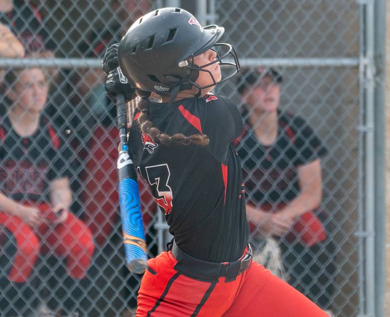 Yorkville's Ellie Alvarez (13) singles driving in a run against West Aurora during the Class 4A Yorkville Sectional semifinal at Yorkville High School on Tuesday, May 31, 2022.