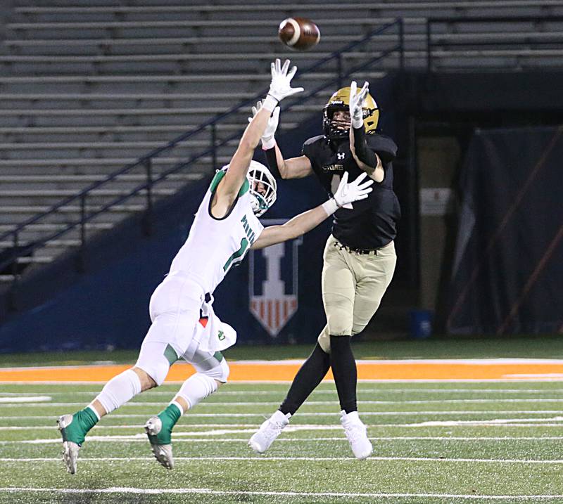 Providence Catholic's Jack Tess (11) misses a catch as Sacred Heart-Griffin's Jake Hamilton (4) defends in the Class 4A state title on Friday, Nov. 25, 2022 at Memorial Stadium in Champaign.