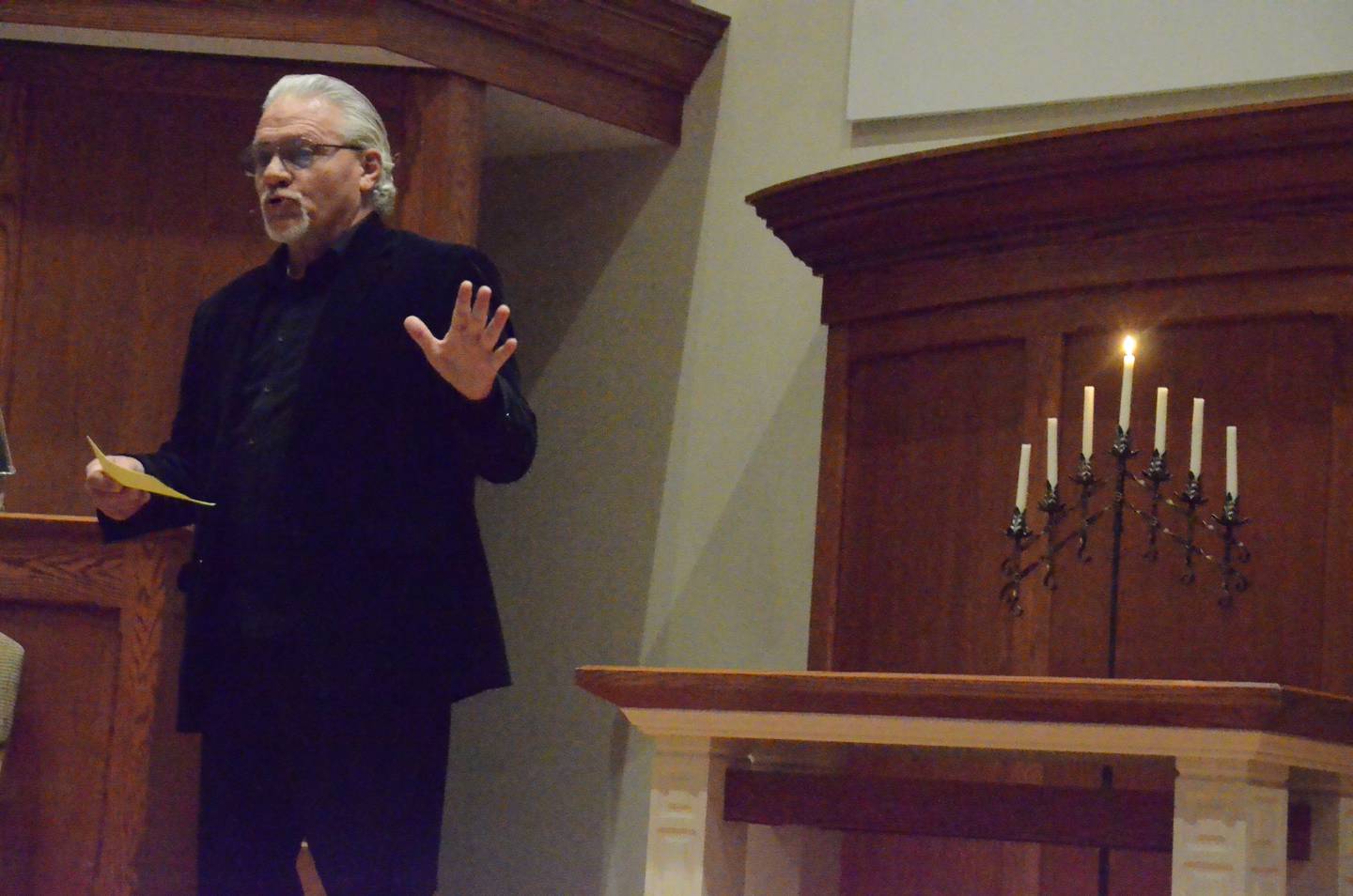 Bill Sherry portrays Death during a Good Friday Tenebrae service at United Methodist Church of Geneva. Pastors and members of Aurora and Batavia Methodist churches participated.