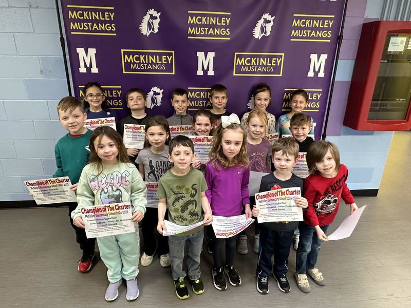 McKinley Elementary School's February Champions of the Charter are Kurtis Z., Kylie K., Cora S., Ryver K., Morgan J., Jameson K., Sophia M., Emma F., Nate W., June T., Miles J., Brody B., Charlie S., Alex S-W., Lacei J., Ronan M., Jameson W., and Ayden M.