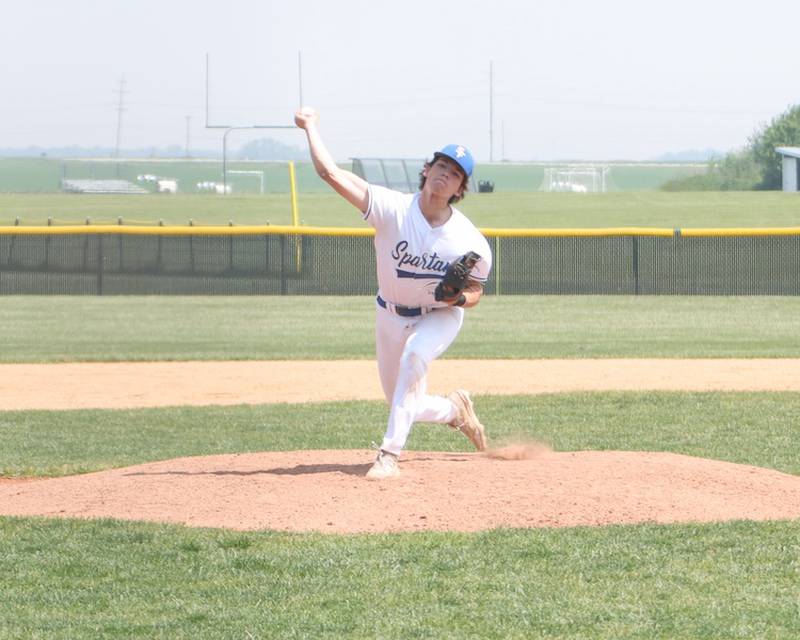 St. Francis Colt Armbrust delivers a pitch against Dixon at the Class 3A Kaneland Sectional Semi Final on Thursday, June 5, 2025 in Maple Park.