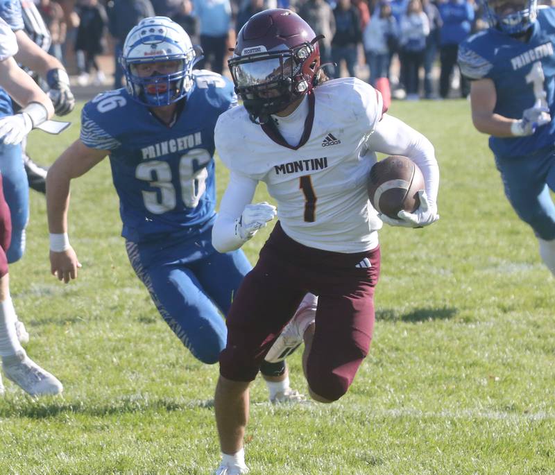 Montini Catholic's Santino Florio runs the ball down the field as Princeton's Common Green chases him down on Saturday, Nov. 11, 2023 at Bryant Field in Princeton.