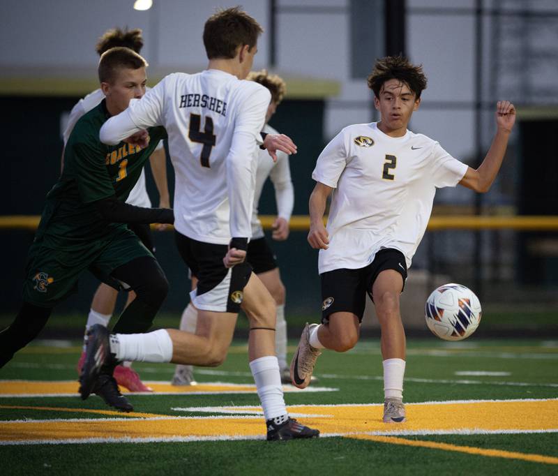 Herscher's Landon McMillin, right, and Owen Bollino, left, clear the ball from the box in a sectional game against Coal City on Tuesday, October 28, 2025.