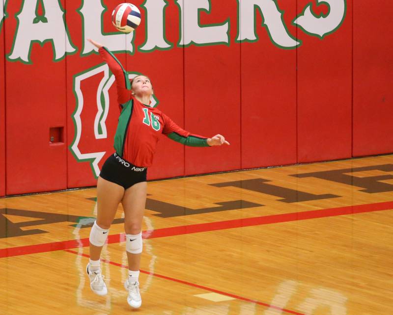 L-P's libero Callie Mertes serves the ball against Sycamore on Tuesday, Oct. 15, 2024 in AJ Sellett Gymnasium at L-P High School.