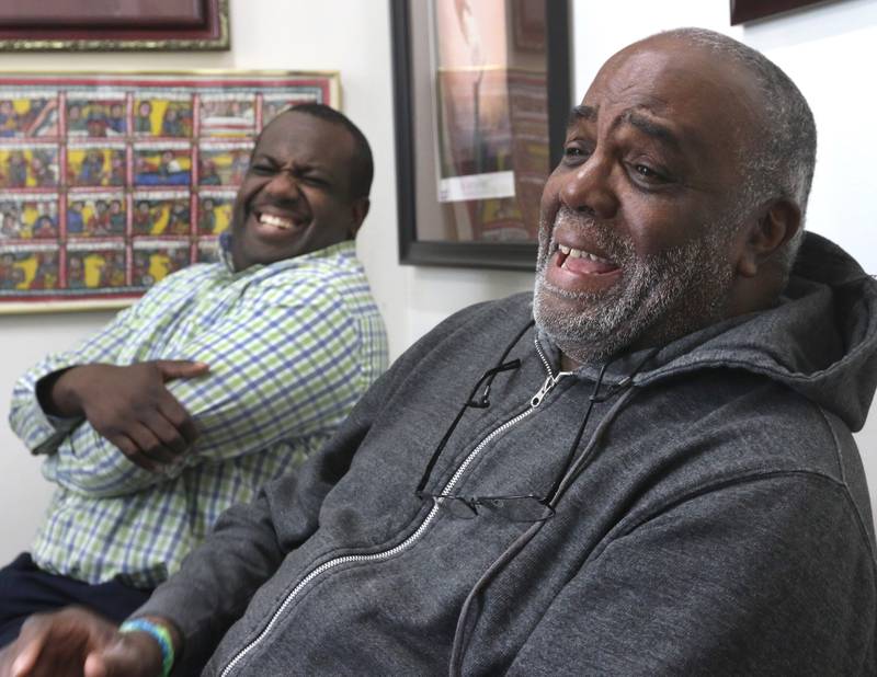Leroy A. Mitchell, (right) founding pastor of New Hope Missionary Baptist Church, and his son, Joe, senior pastor at the church, have a laugh as they tell a story Friday Feb. 23, 2018 at the church in DeKalb.
The church will celebrate 35 years the weekend of July 9, 2022.
