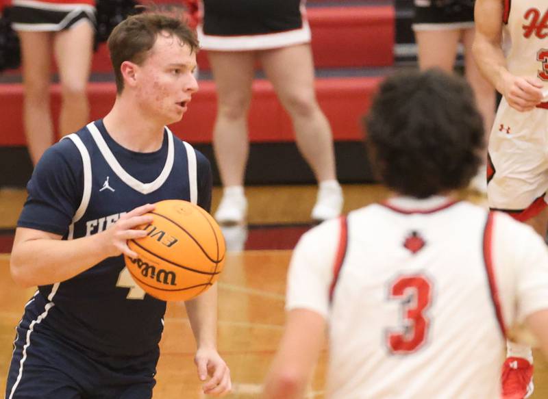 Fieldcrest's Lucas Anson dribbles up the floor against Hall during the Colmone Classic on Friday, Dec. 12, 2025 at Hall High School.