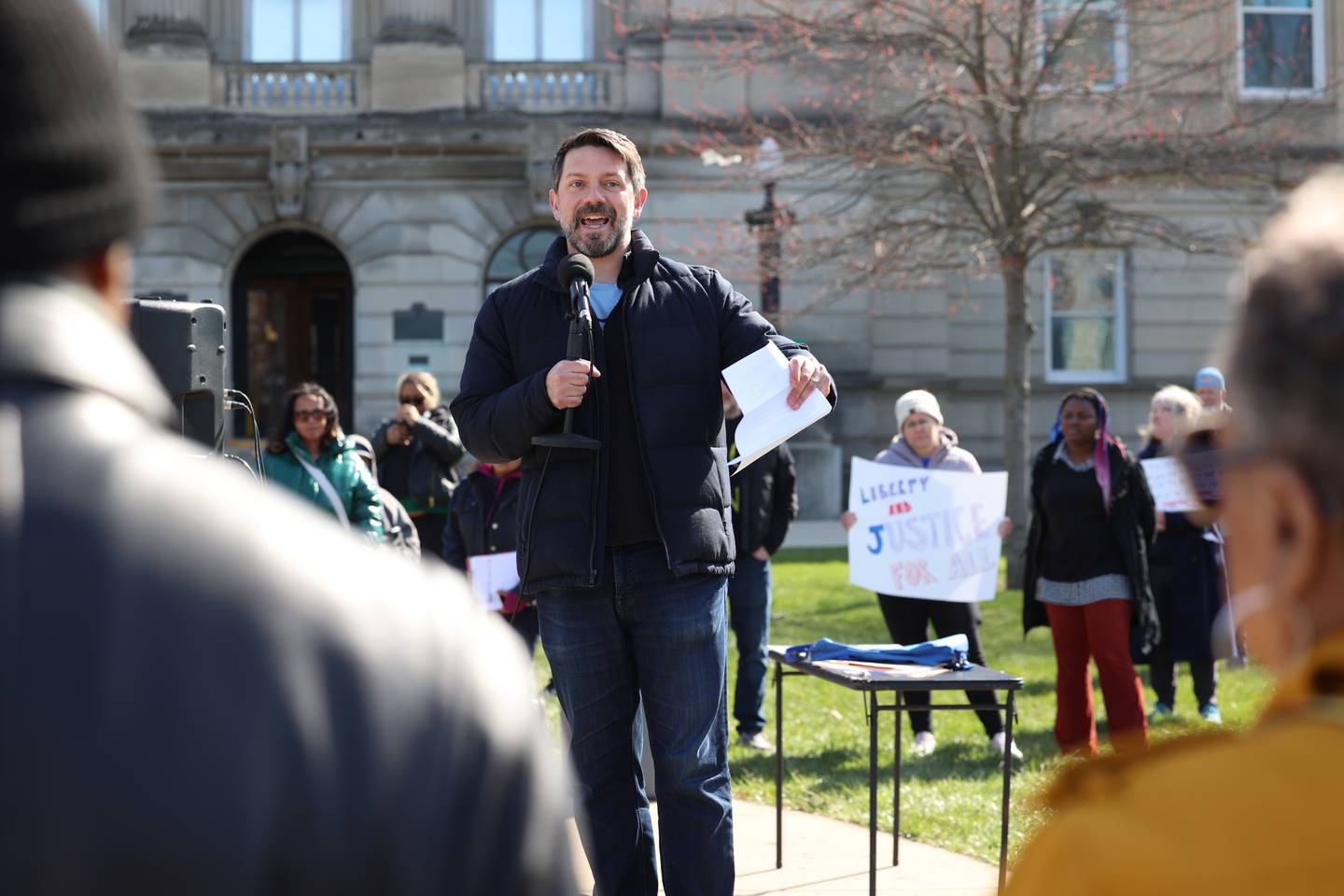 Kankakee Alderman Dave Baron speaks during the No Kings rally at the Kankakee County Courthouse on March 28, 2026.