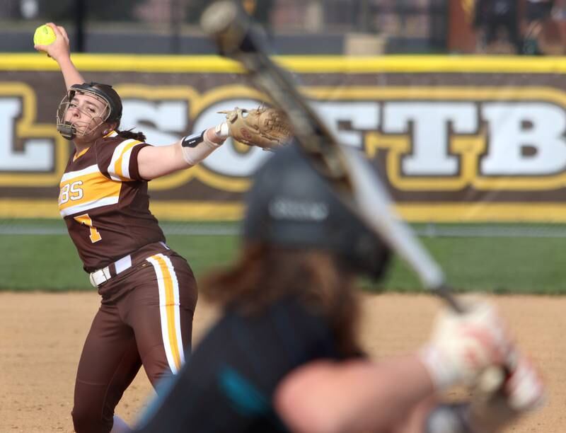Jacobs’ Cici DiSilvio makes an offering against Woodstock North in varsity softball at Algonquin Friday night.